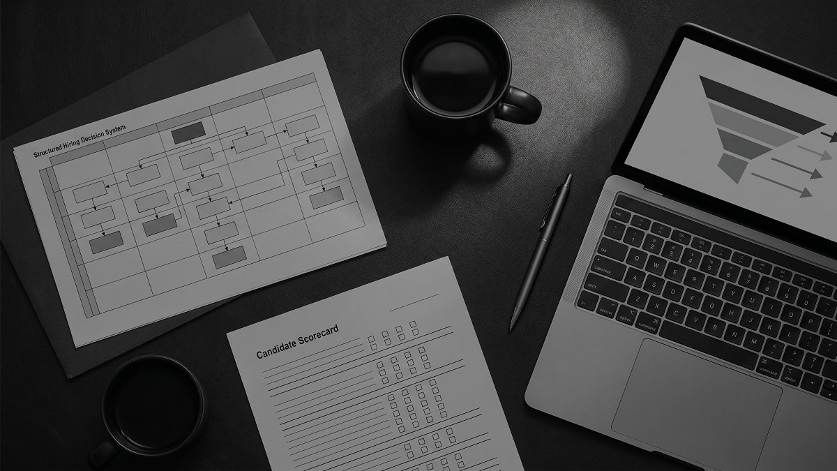 Operator mapping an engineering hiring funnel from sourcing to signed offer on a studio wall board