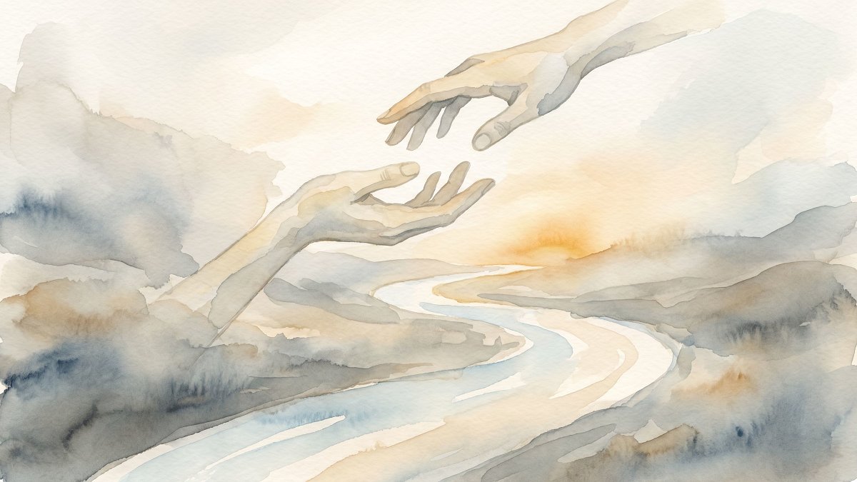 Main tendue vers une autre au-dessus d'un chemin menant vers une lumière douce, geste de soutien