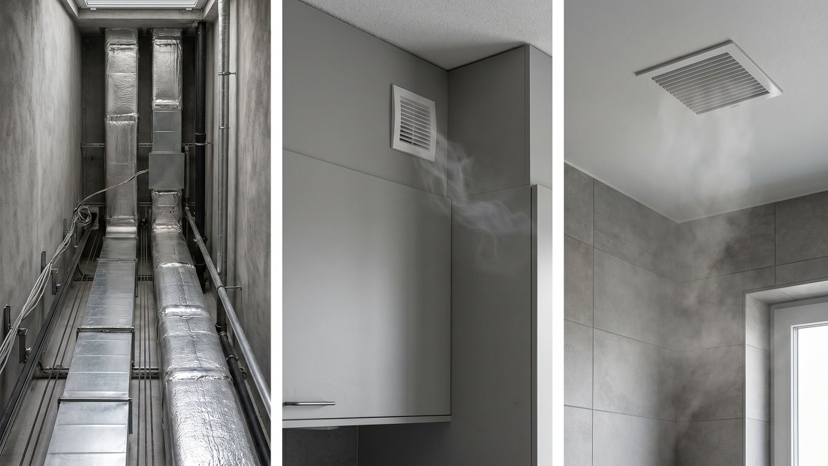 Réseau de gaines et bouches hygroréglables d'une ventilation collective dans un immeuble
