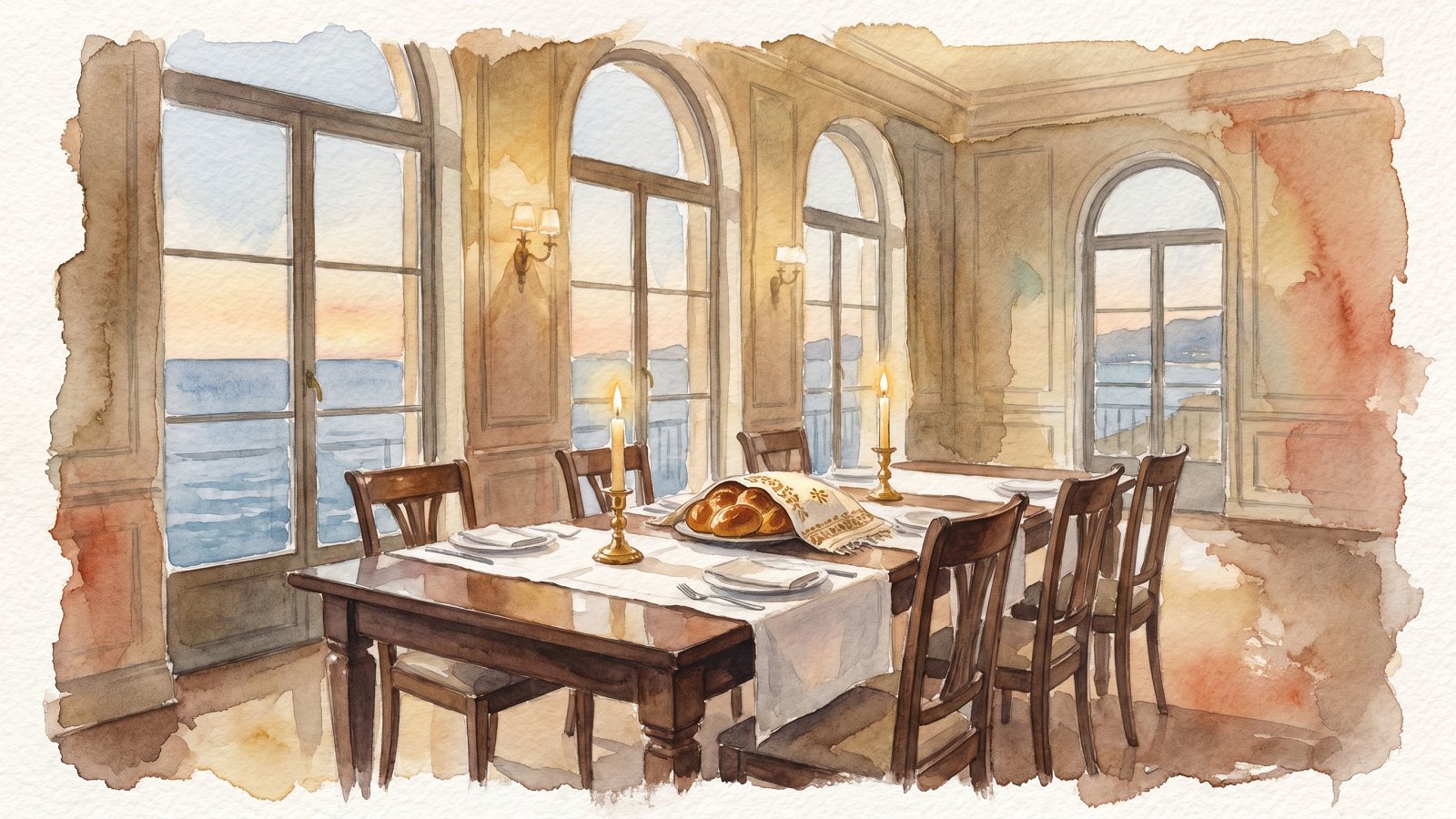Watercolor of a kosher Friday-night Shabbat dinner table in a Tel Aviv seafront hotel dining room