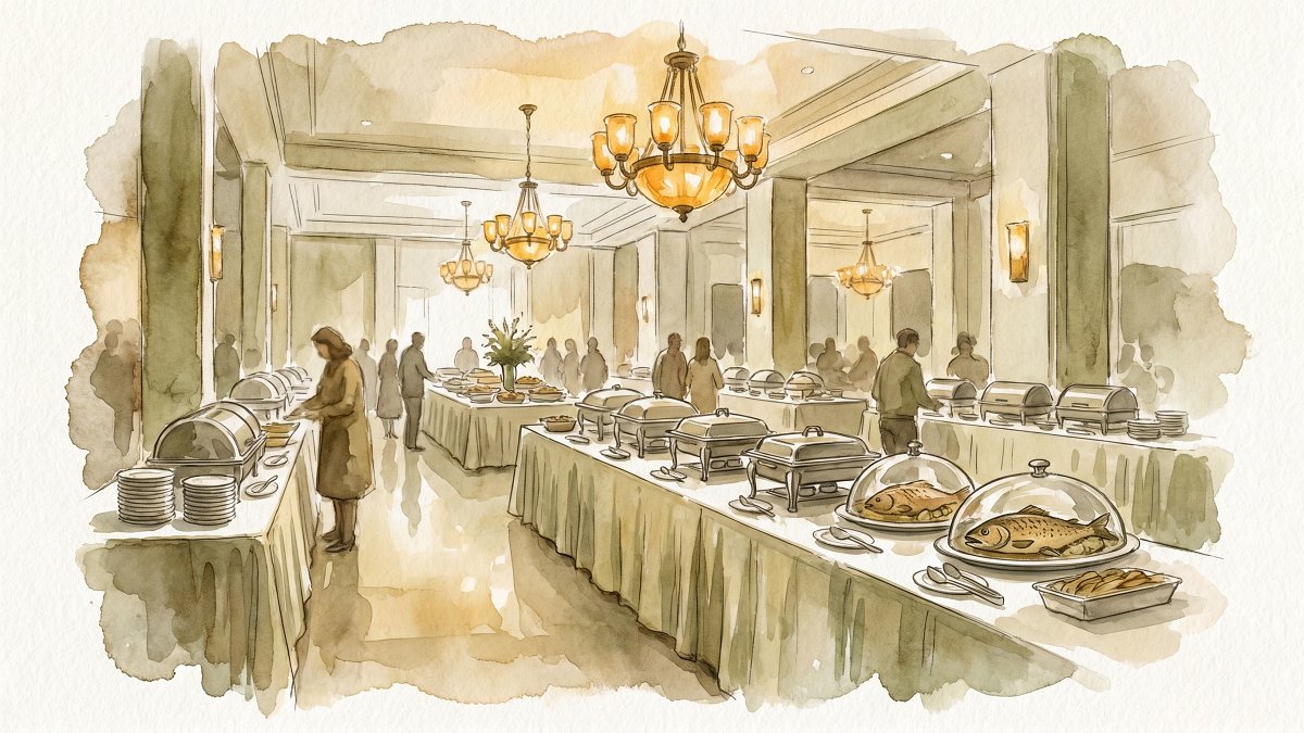 Watercolor of a grand kosher hotel Shabbat buffet hall in Tel Aviv with long serving stations