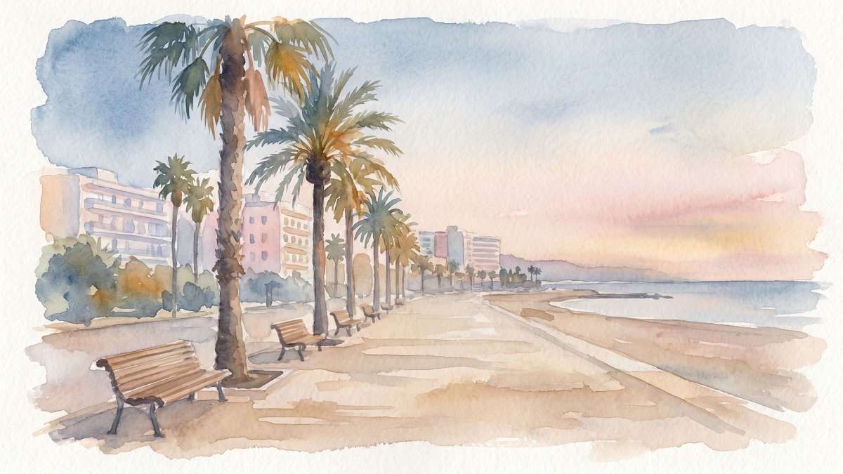 Watercolor of the Tel Aviv beachfront promenade easing toward sunset before Shabbat