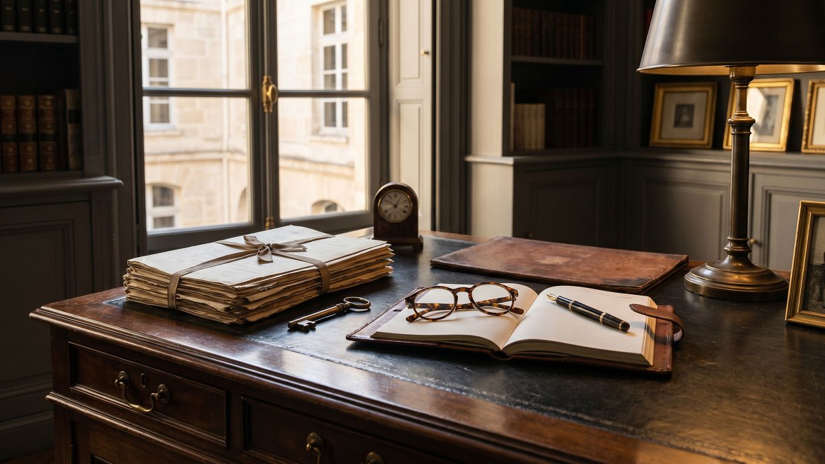 Bureau de notaire parisien avec actes de propriété, clé et stylo, illustrant les frais cachés d'un achat de prestige