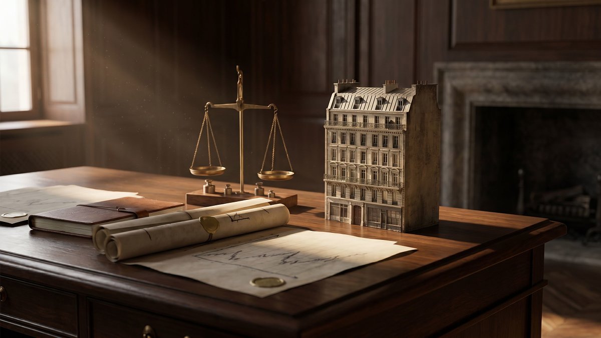 Maquette d'immeuble parisien, balance et documents financiers symbolisant l'arbitrage patrimonial