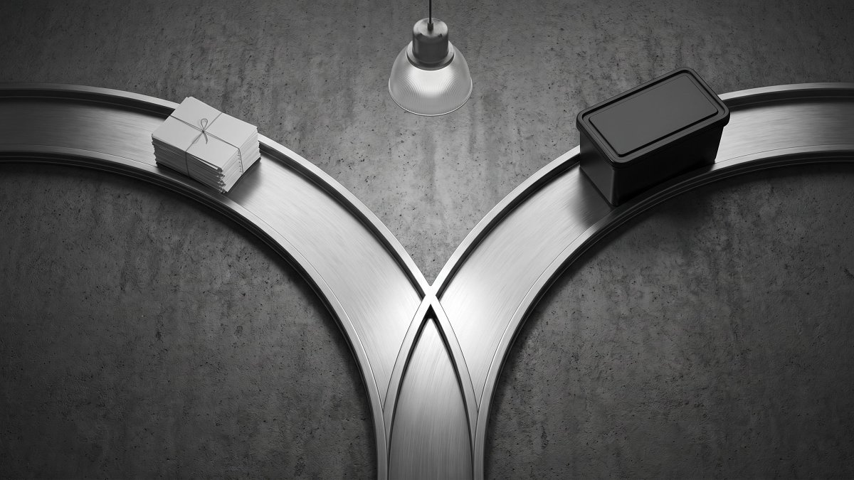 Two diverging machined metal rails representing the retrieval versus fine-tuning fork in LLM application architecture
