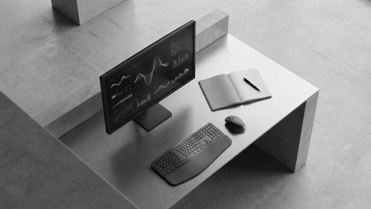 A minimalist production control desk monitoring an LLM system in a quiet studio environment