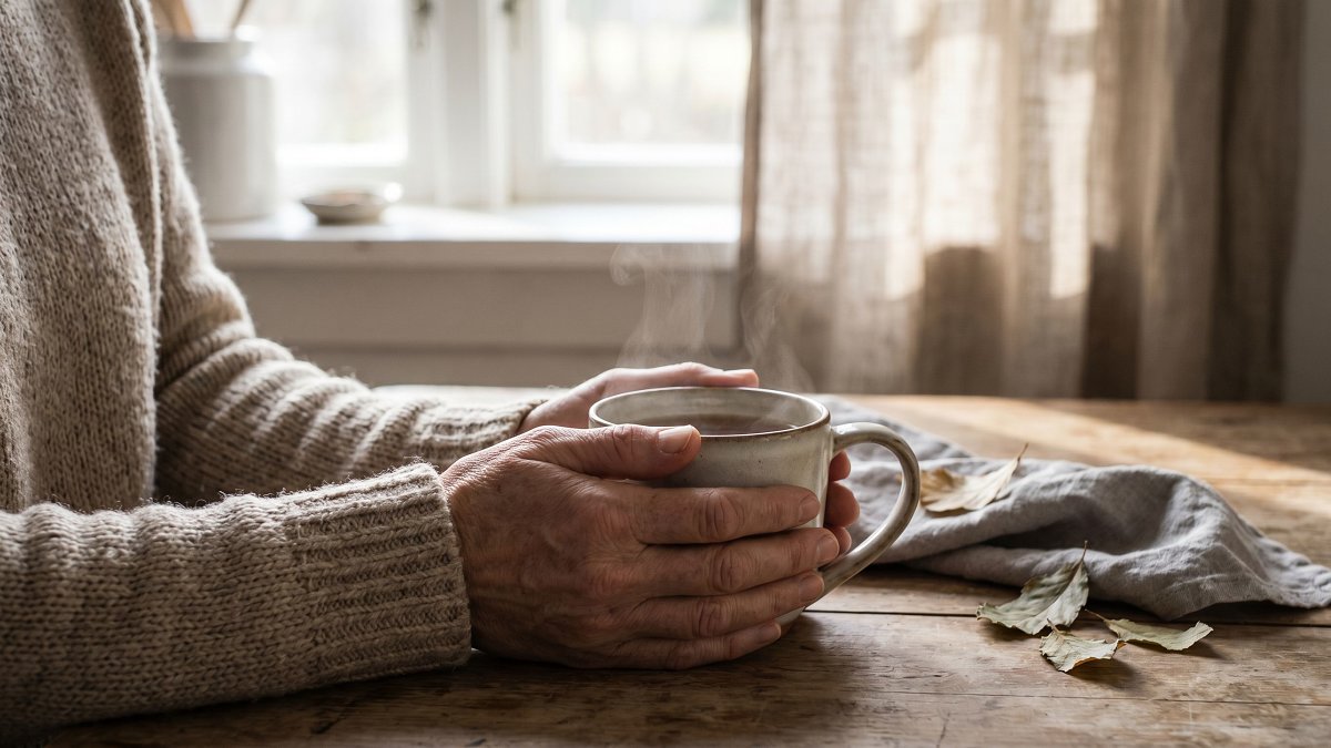 Mains tenant une tasse de thé dans une cuisine, retour à une routine apaisante après un trouble stress post traumatique