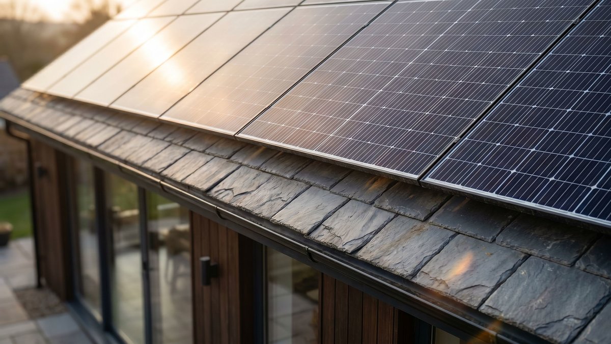 Panneaux solaires monocristallins sur une toiture en tuiles