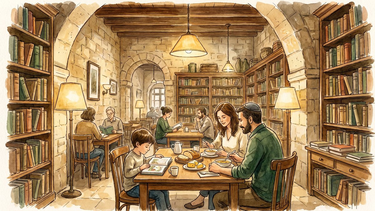 A cozy kosher dairy bookstore cafe in Jerusalem where a child reads while parents share a family meal