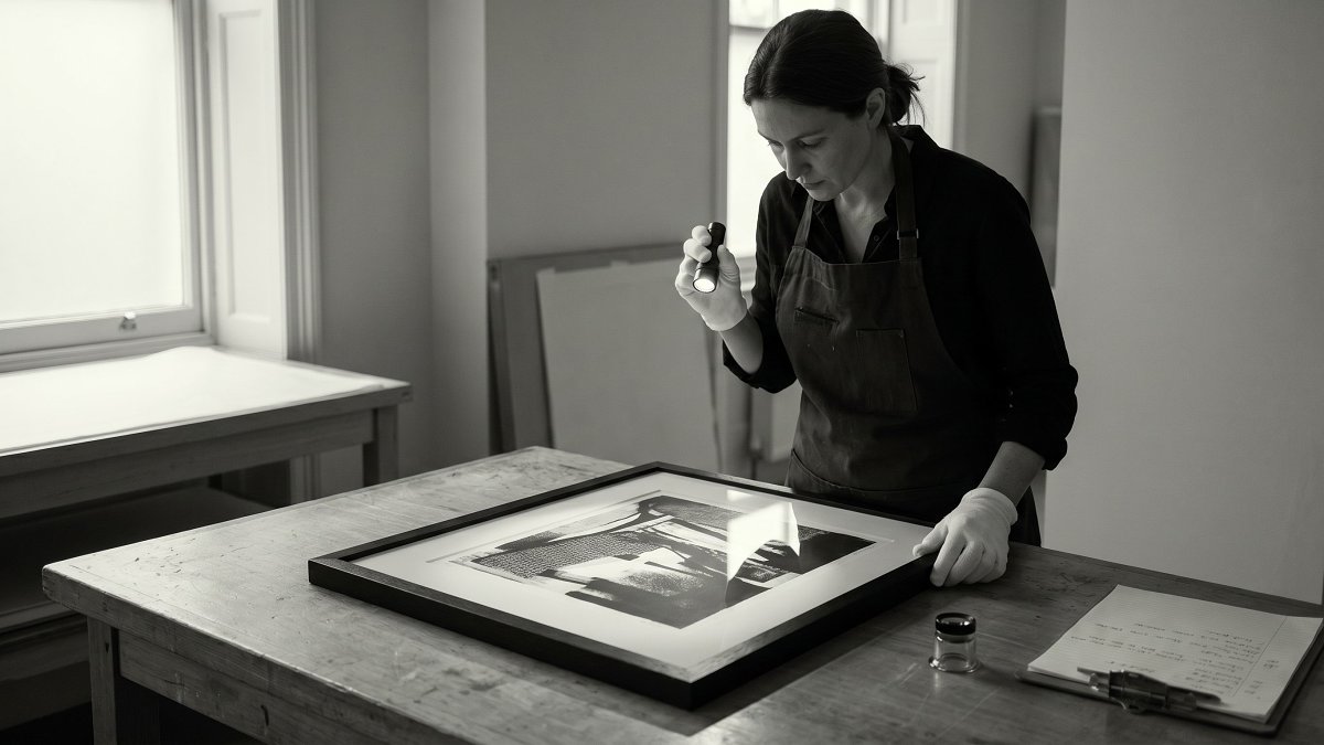 A contemporary art specialist examining a framed screenprint under raking light during condition assessment