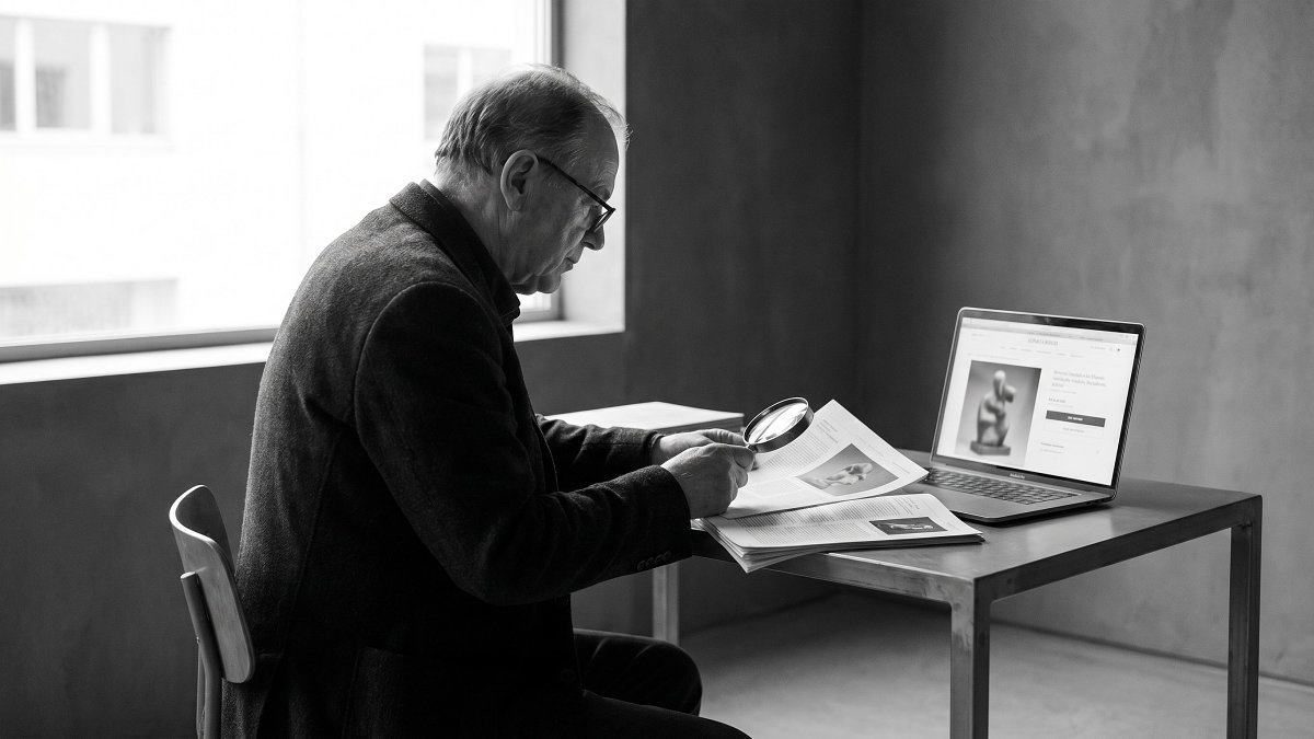 A collector reviewing printed comparable sales beside an online auction lot while setting a maximum bid