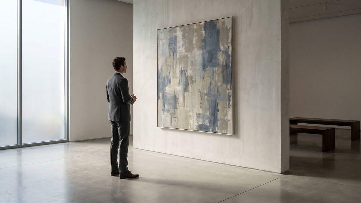 A collector viewing a single contemporary canvas in a quiet private auction preview room
