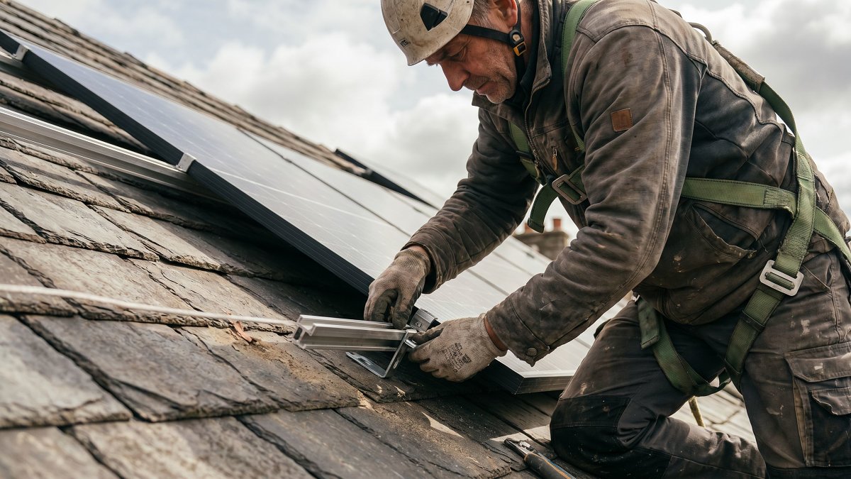 Installateur posant un module photovoltaïque sur une toiture en vente totale