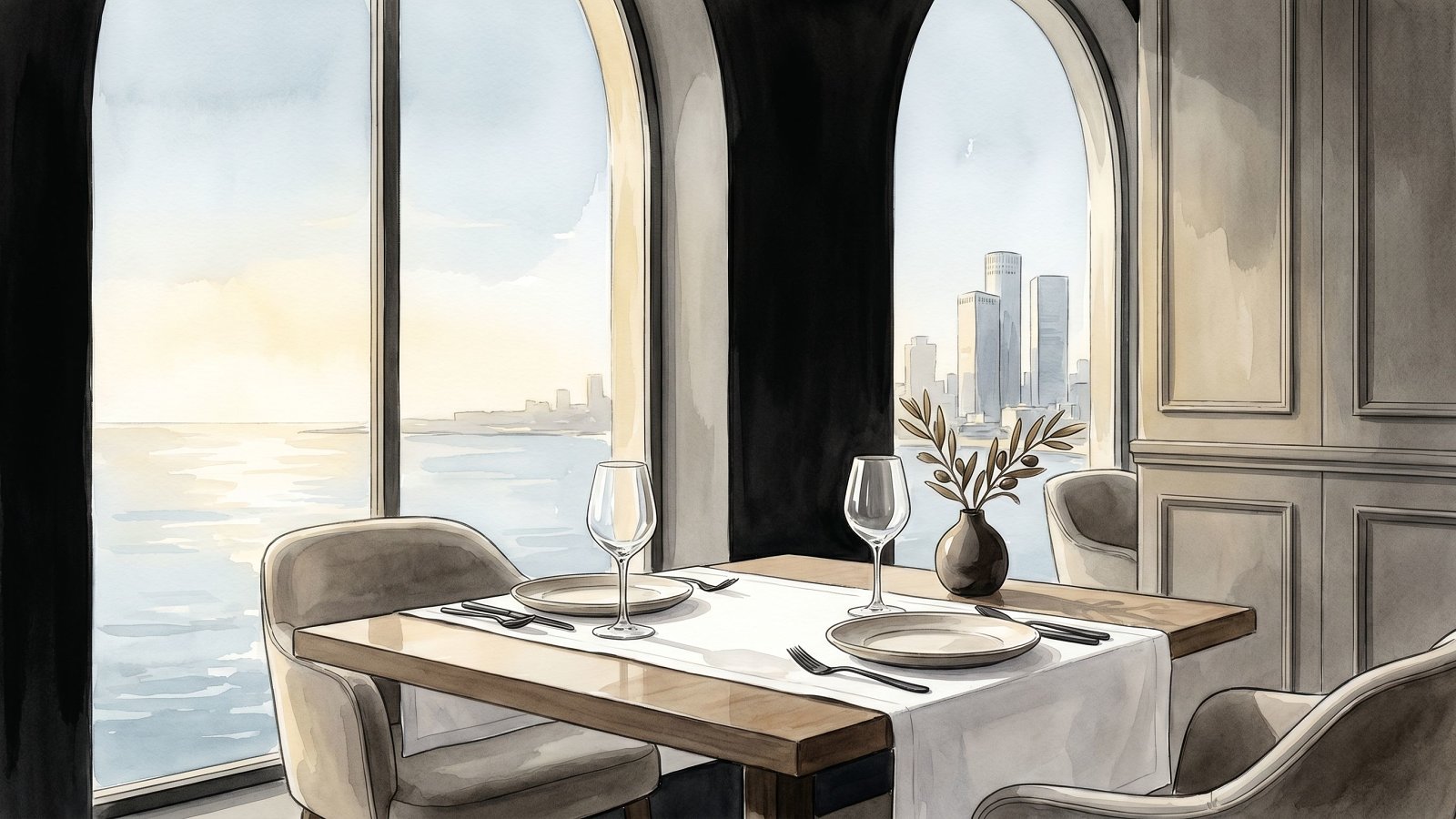 An elegant kosher business lunch table set high above Tel Aviv with a Mediterranean view