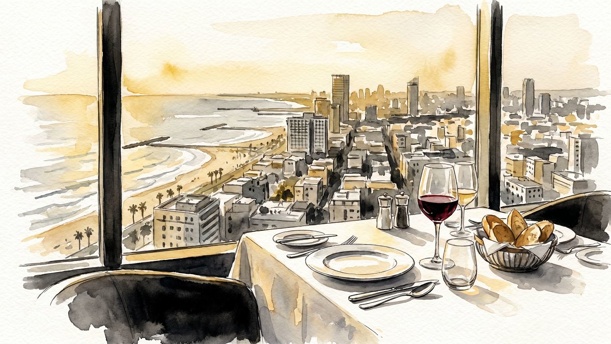 View over Tel Aviv toward the sea from a high-floor restaurant table set for a business lunch