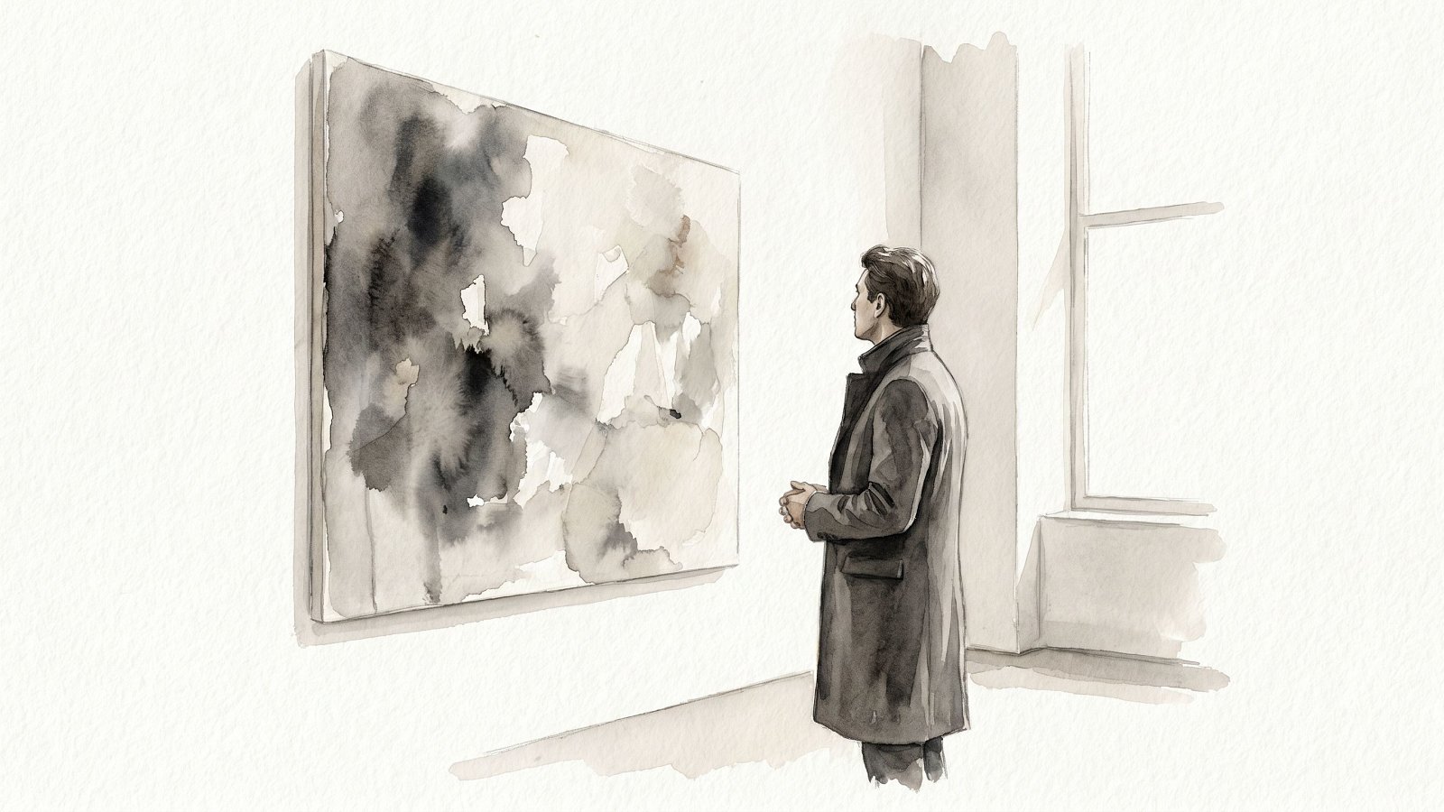 A collector practising close looking before a large contemporary painting in a quiet gallery