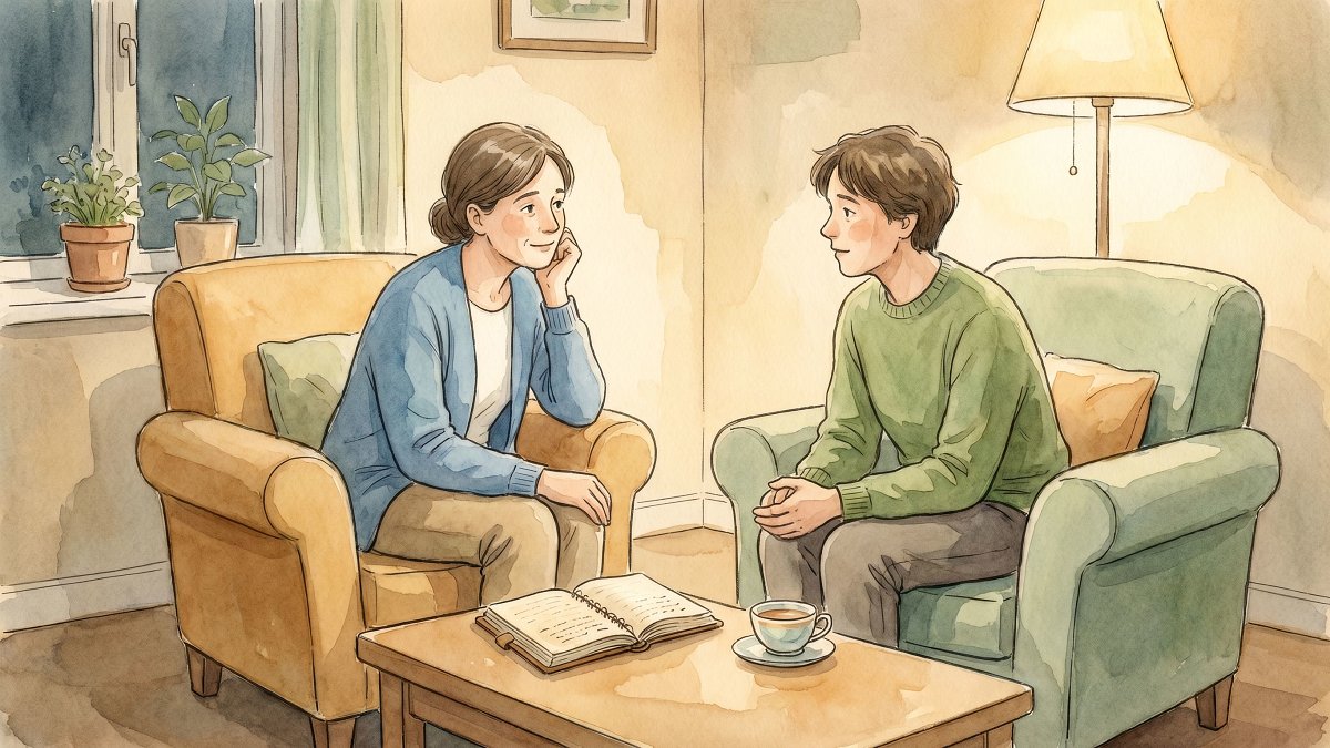 Consultation apaisée entre un psychologue et une personne accompagnée