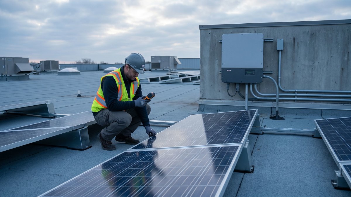 Technicien inspectant des panneaux solaires sur le toit d'un entrepôt commercial