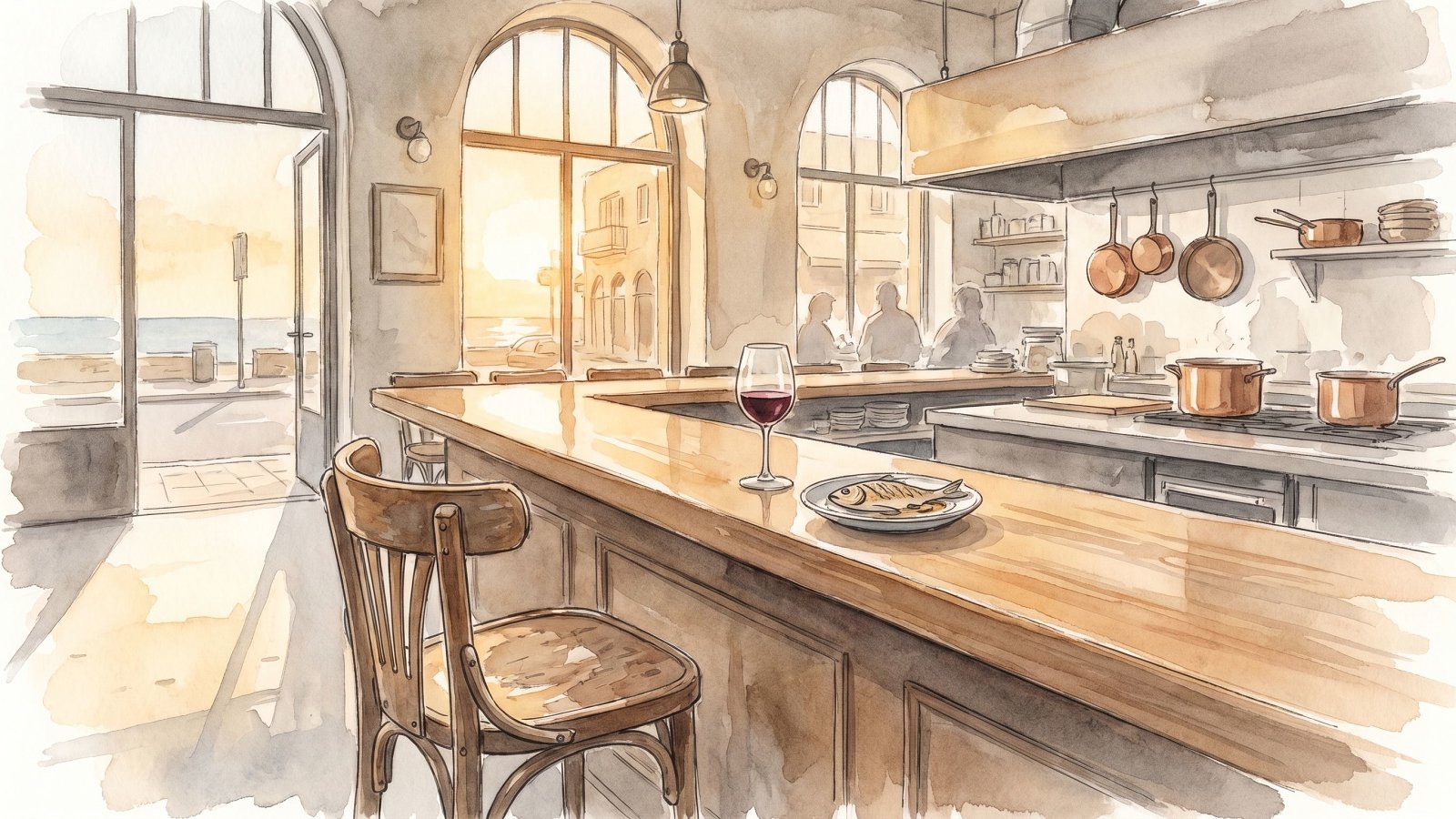 A quiet kosher restaurant bar counter at golden hour in Tel Aviv