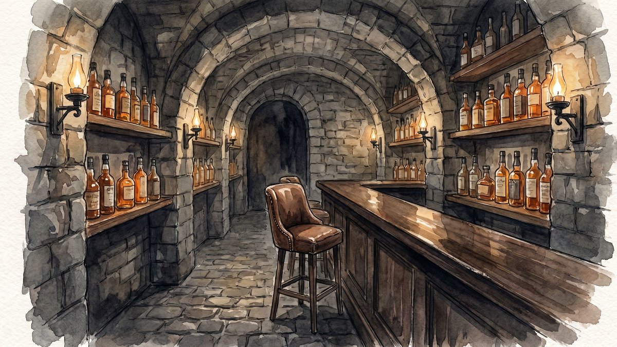 Amber whiskey bottles glowing in the stone Templar tunnel of Whiskey Bar and Museum, Tel Aviv
