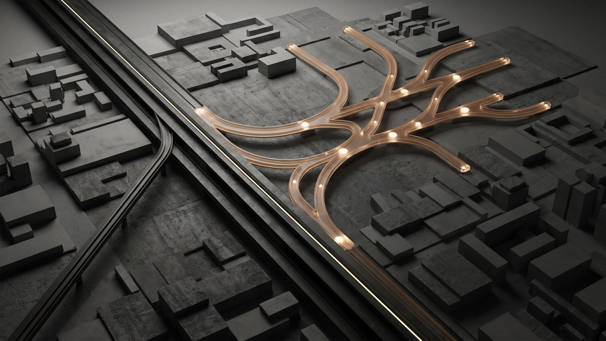 Two diverging paths, a fixed workflow rail and a branching agent route, seen from above