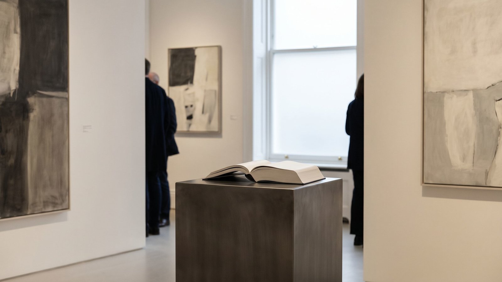 A restrained contemporary art viewing room with abstract canvases and an open catalogue