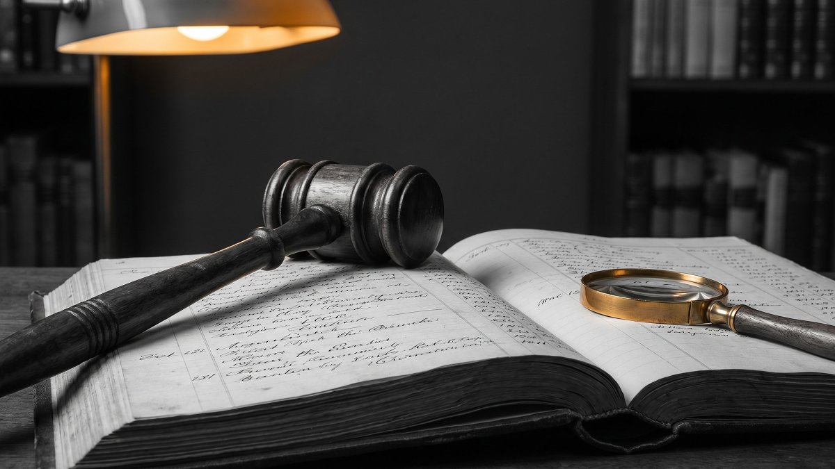 An auctioneer's gavel resting on a ledger of handwritten provenance entries