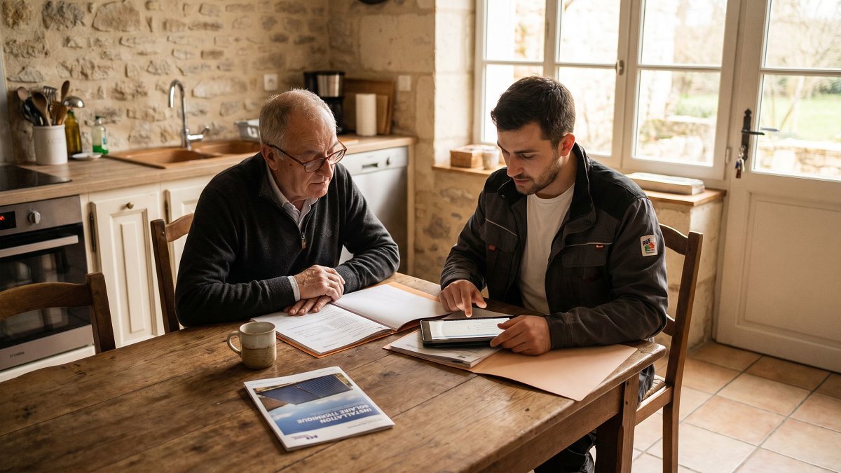 Propriétaire et artisan RGE examinant le dossier d'aides d'une installation solaire thermique