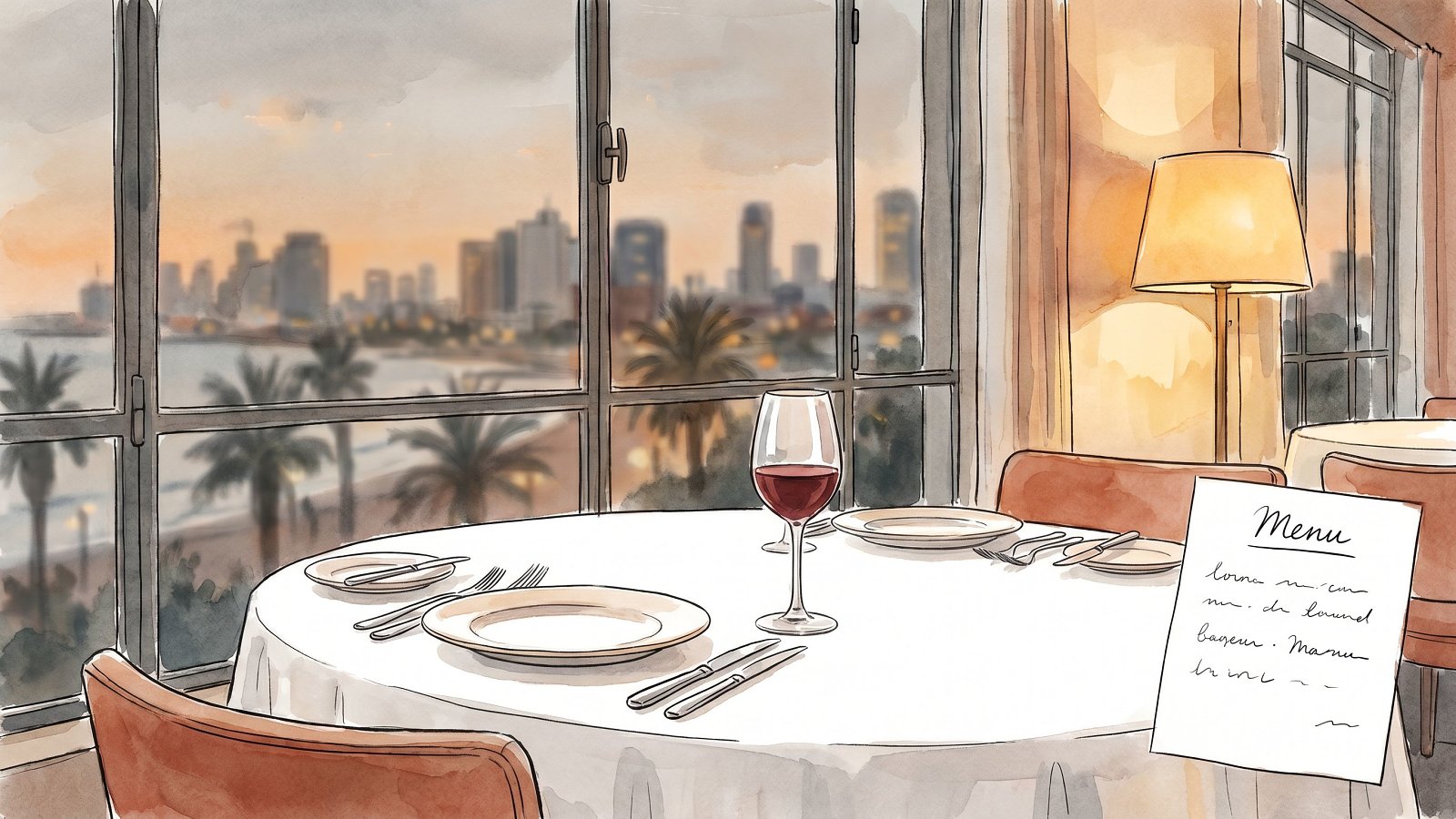 A set kosher dinner table for two in a Tel Aviv restaurant near Ben Gurion at dusk