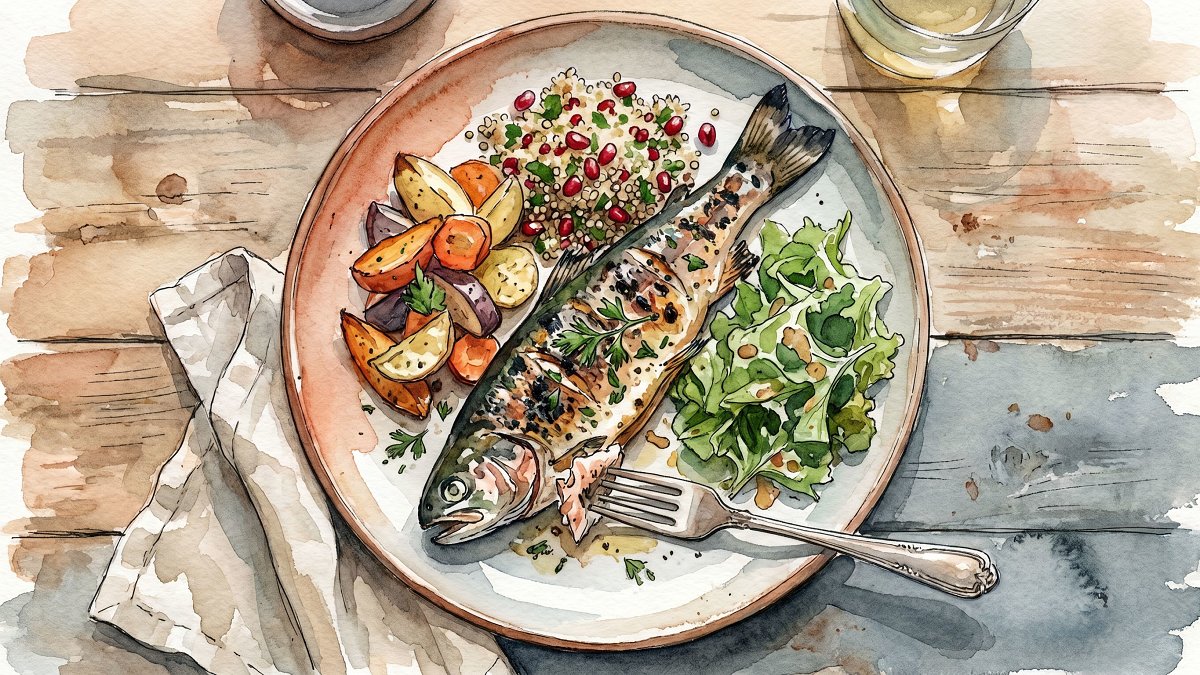 Overhead close-up of a plated kosher fish main with fresh sides on a wooden table