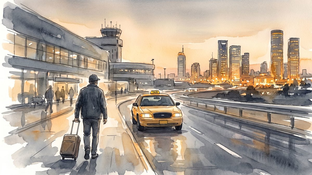 A traveler with a cabin suitcase leaving Ben Gurion toward a taxi with the Tel Aviv skyline glowing at dusk