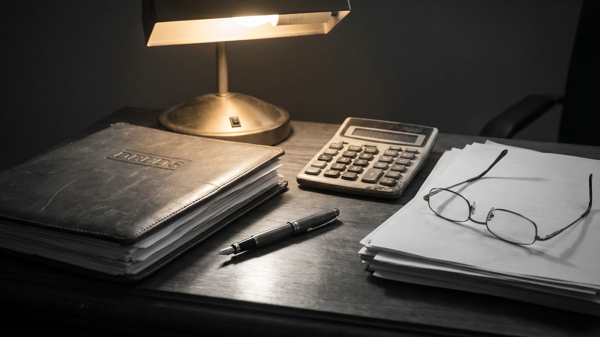 Bureau de notaire avec stylo, dossier d'acte et calculatrice pour la fiscalité du démembrement