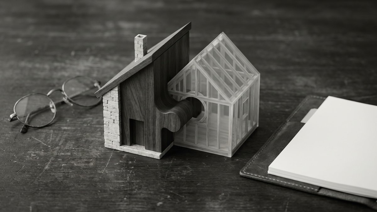 Maison miniature séparée en deux moitiés illustrant le démembrement entre usufruit et nue-propriété