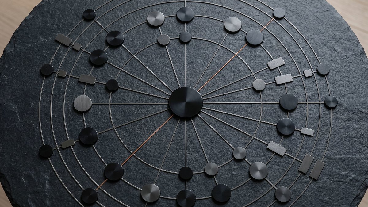 Overhead network map of a central hub node linked to concentric tiers of satellite nodes