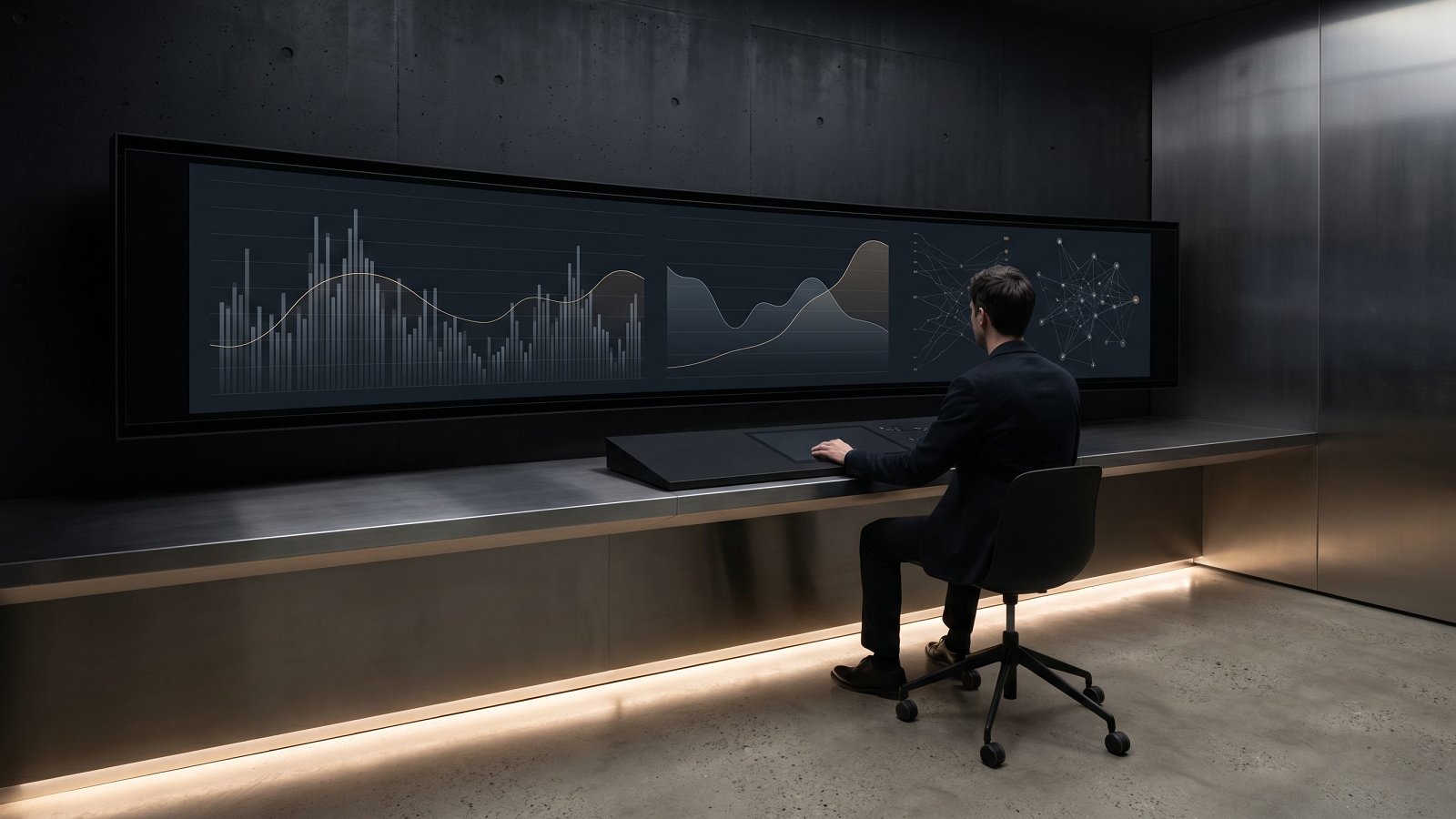 Operator monitoring station showing LLM eval observability quality scores and trace timelines