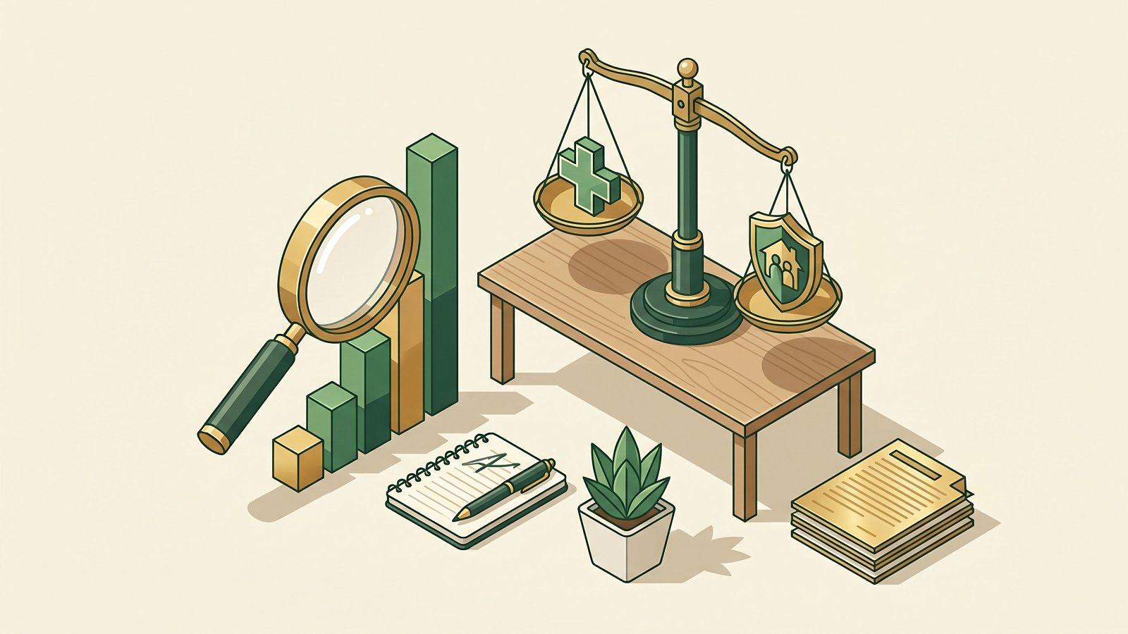 Illustration isométrique comparant garanties santé et prévoyance collective avec analyse du ratio de sinistralité