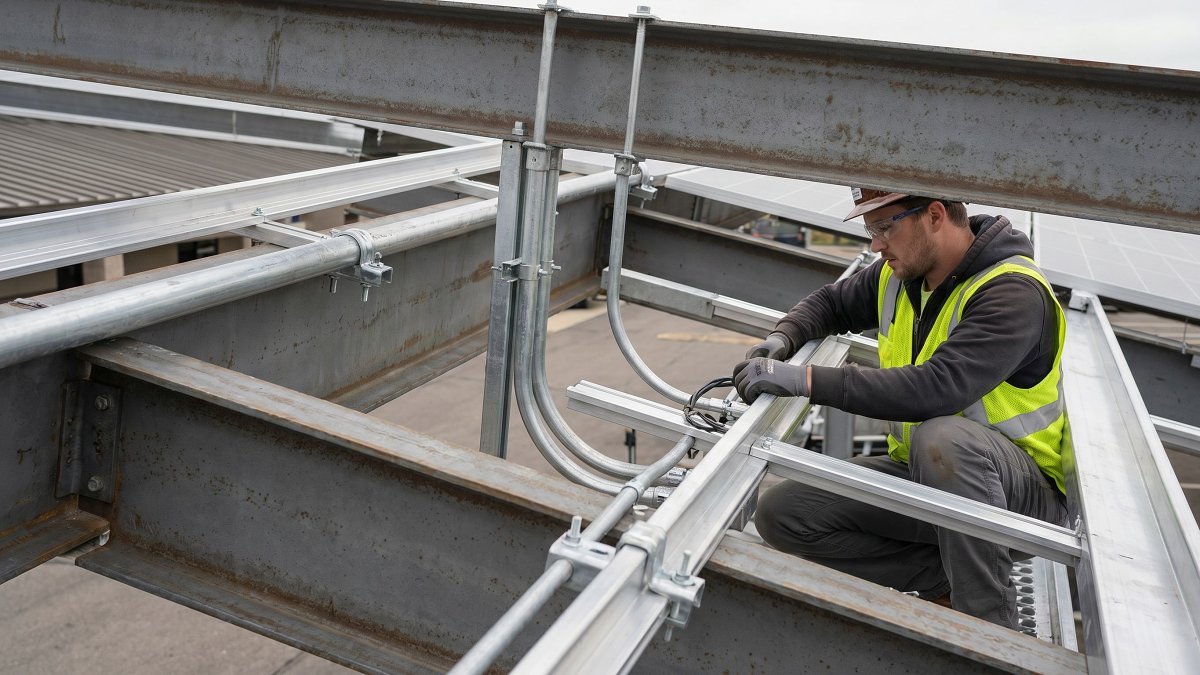 Structure métallique et panneaux d'une ombrière photovoltaïque de parking en construction