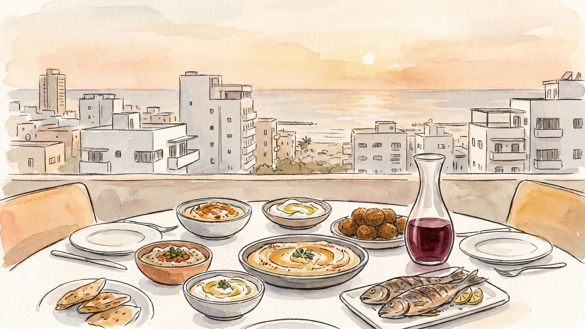 A Tel Aviv rooftop kosher dining table at dusk with Levantine plates and wine