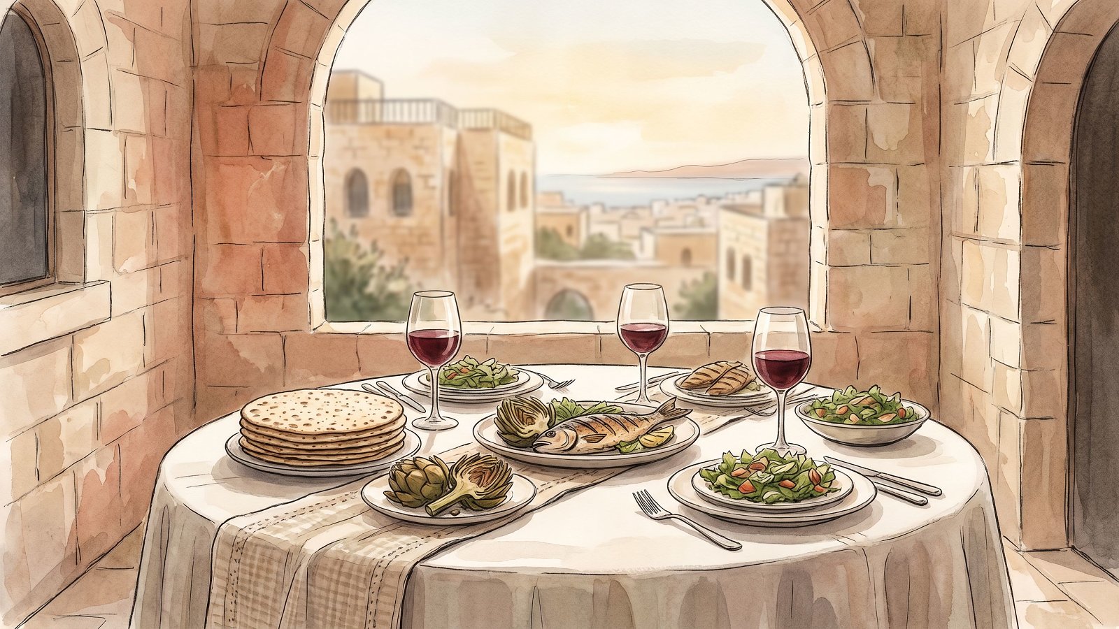 A kosher restaurant table set for chol hamoed Pesach in Israel with matzah and wine