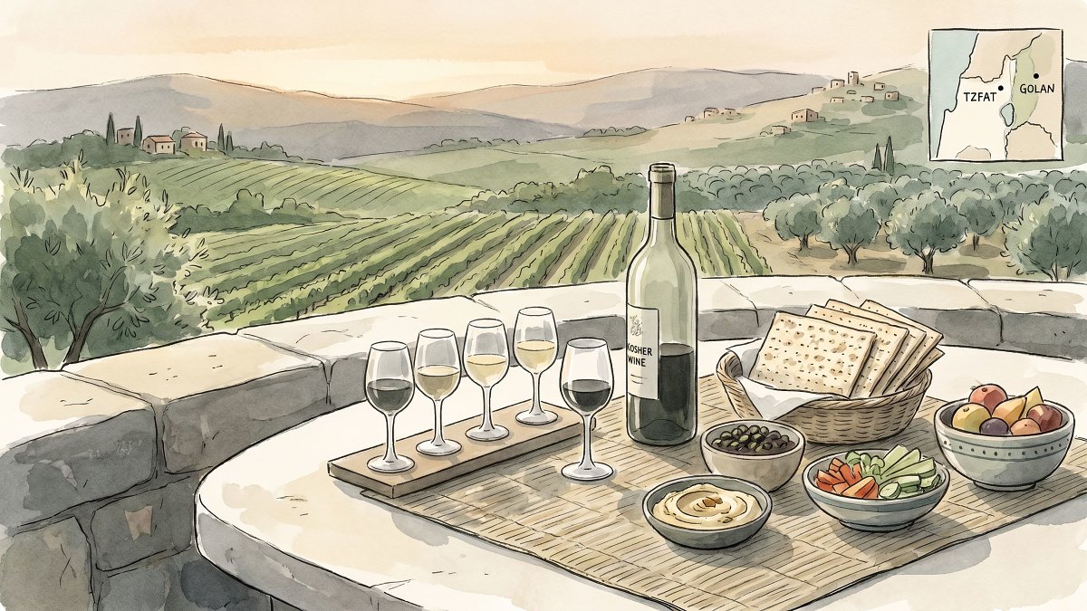 A northern Galilee boutique hotel terrace with a kosher wine tasting flight over Pesach