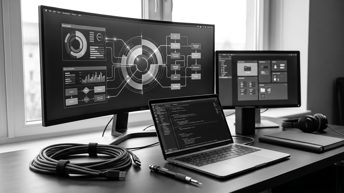 Engineer's desk showing shipped in-house software modules connecting together