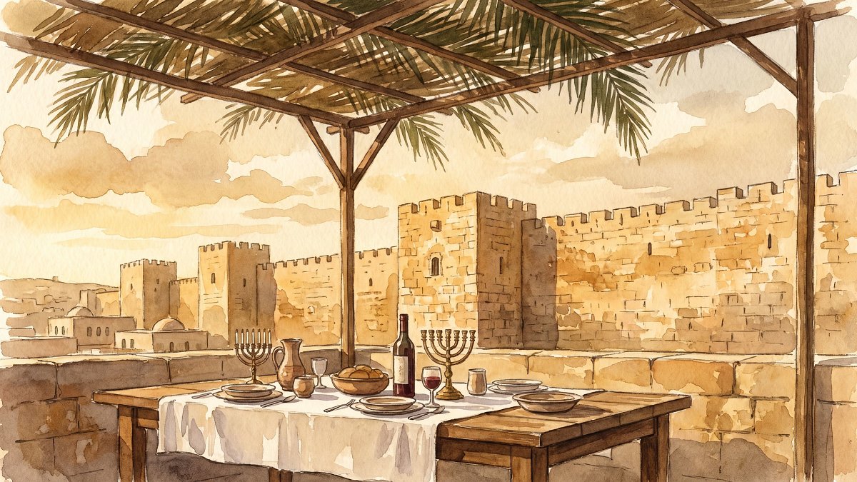 A Jerusalem rooftop restaurant sukkah overlooking the Old City walls in golden afternoon light