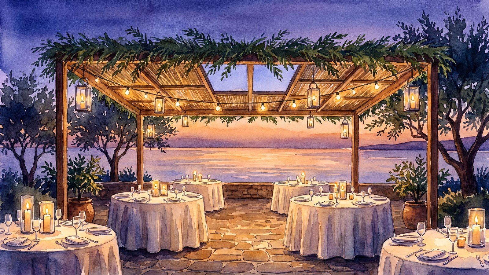 A restaurant sukkah set for dinner on a Tel Aviv terrace facing the Mediterranean at dusk