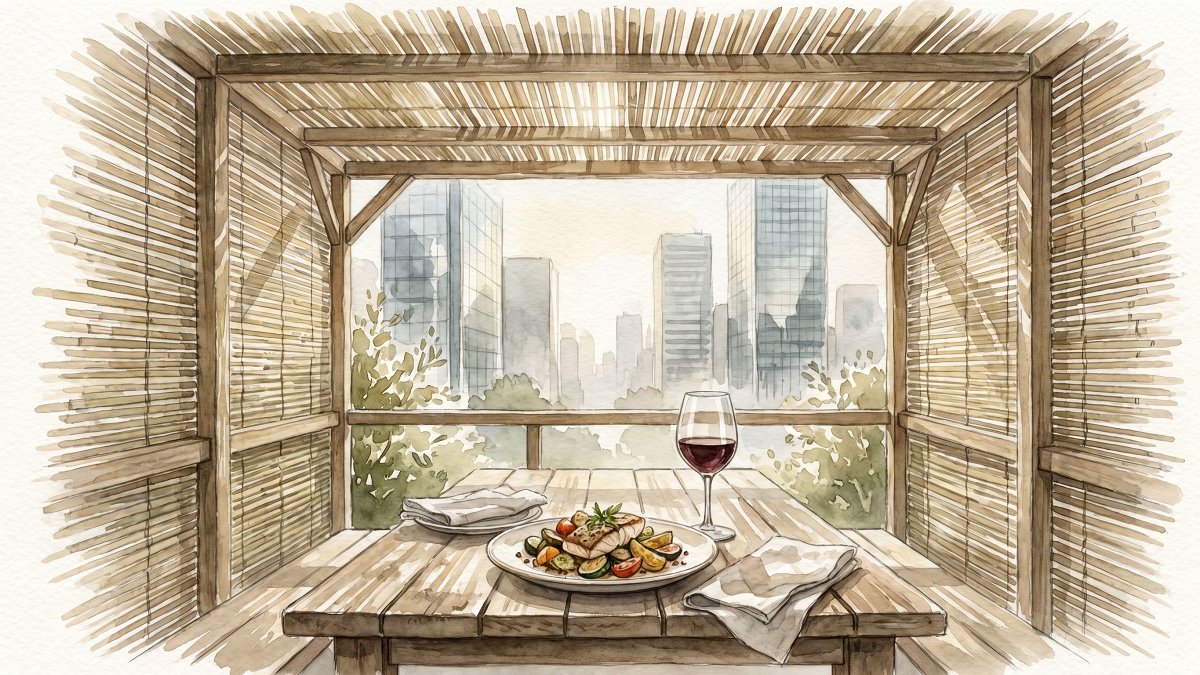A Tel Aviv business-district restaurant sukkah with a bamboo schach roof and a plated bistro dish
