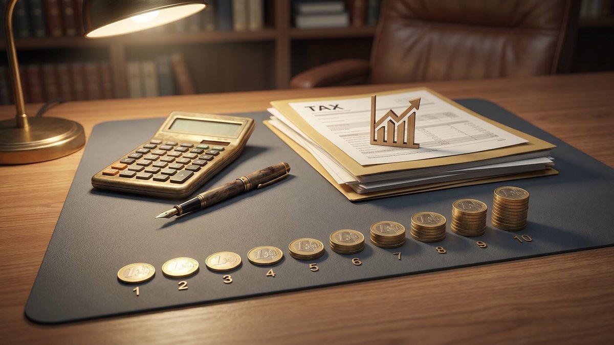 Bureau de conseil avec calculatrice et documents fiscaux illustrant un placement sur dix ans