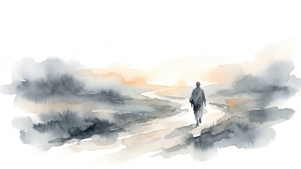 Une personne marche vers l'aube sur un chemin paisible, illustration aquarelle pleine d'espoir