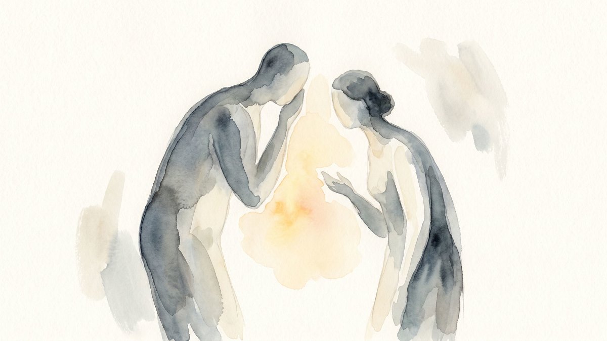 Deux figures dans une conversation calme et bienveillante, illustration aquarelle apaisée