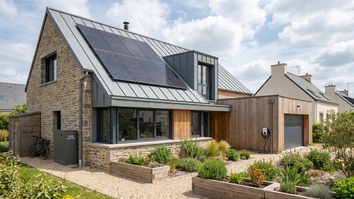 Maison individuelle équipée de panneaux solaires et d'une batterie de stockage en autoconsommation