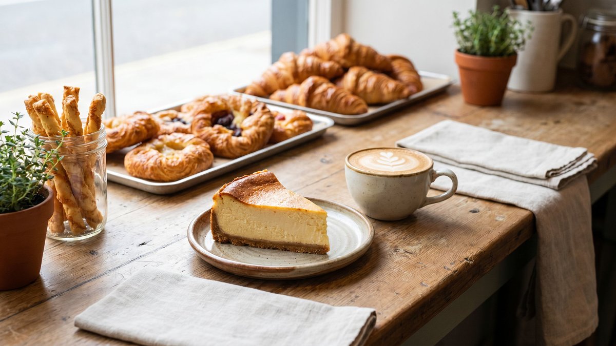 Classic baked Shavuot cheesecake slice with coffee on a bakery counter