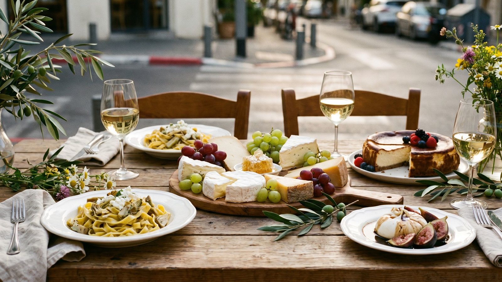 Shavuot dairy dinner spread on a Tel Aviv restaurant table